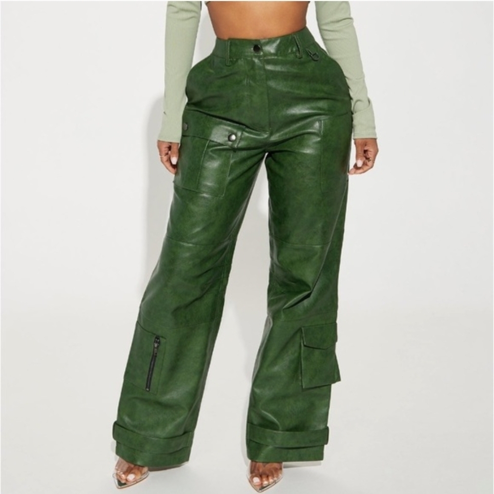 Fashion Nova Olive Green Faux Leather Wide-Leg Cargo Pants